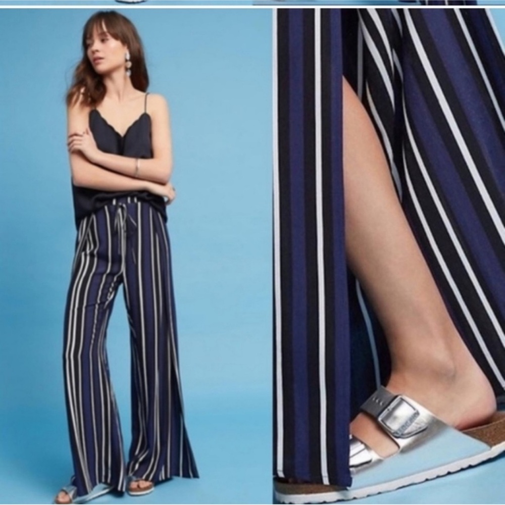 Anthropologie Blue and White Wide-Leg Pants with side slits